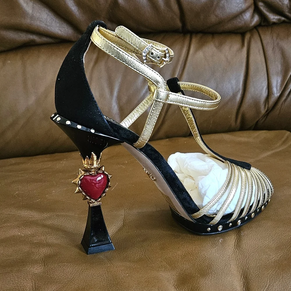 Dolce & Gabbana Black Suede Metallic Gold Leather Luxury Heels Size 8 US (MINT) - Picture 5 of 16